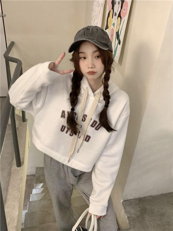 Lettering Drawstring Fleece-Lined Crop Hoodie Product Image