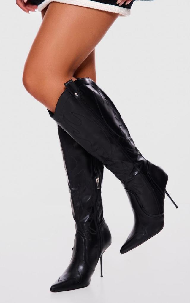 Black PU Point Toe Western Stiletto Heeled Knee High Boots Product Image