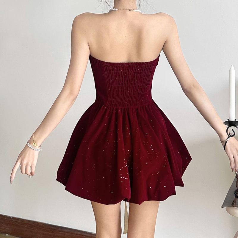 Strapless Ribbon Front Glitter Mini A-Line Dress Product Image