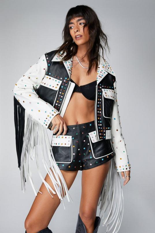 Premium Real Leather Studded Fringe Shorts Product Image