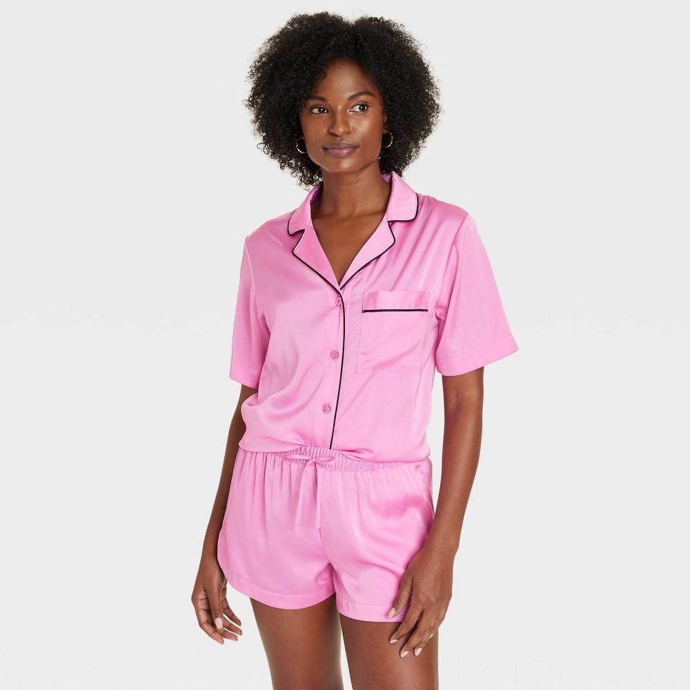 Womens Satin Notch Collar Short Sleeve and Shorts Pajama Set - Auden M Product Image