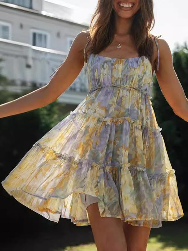 A-Line Loose Flower Print Layered Pleated Split-Joint Tied Spaghetti-Neck Mini Dresses Product Image