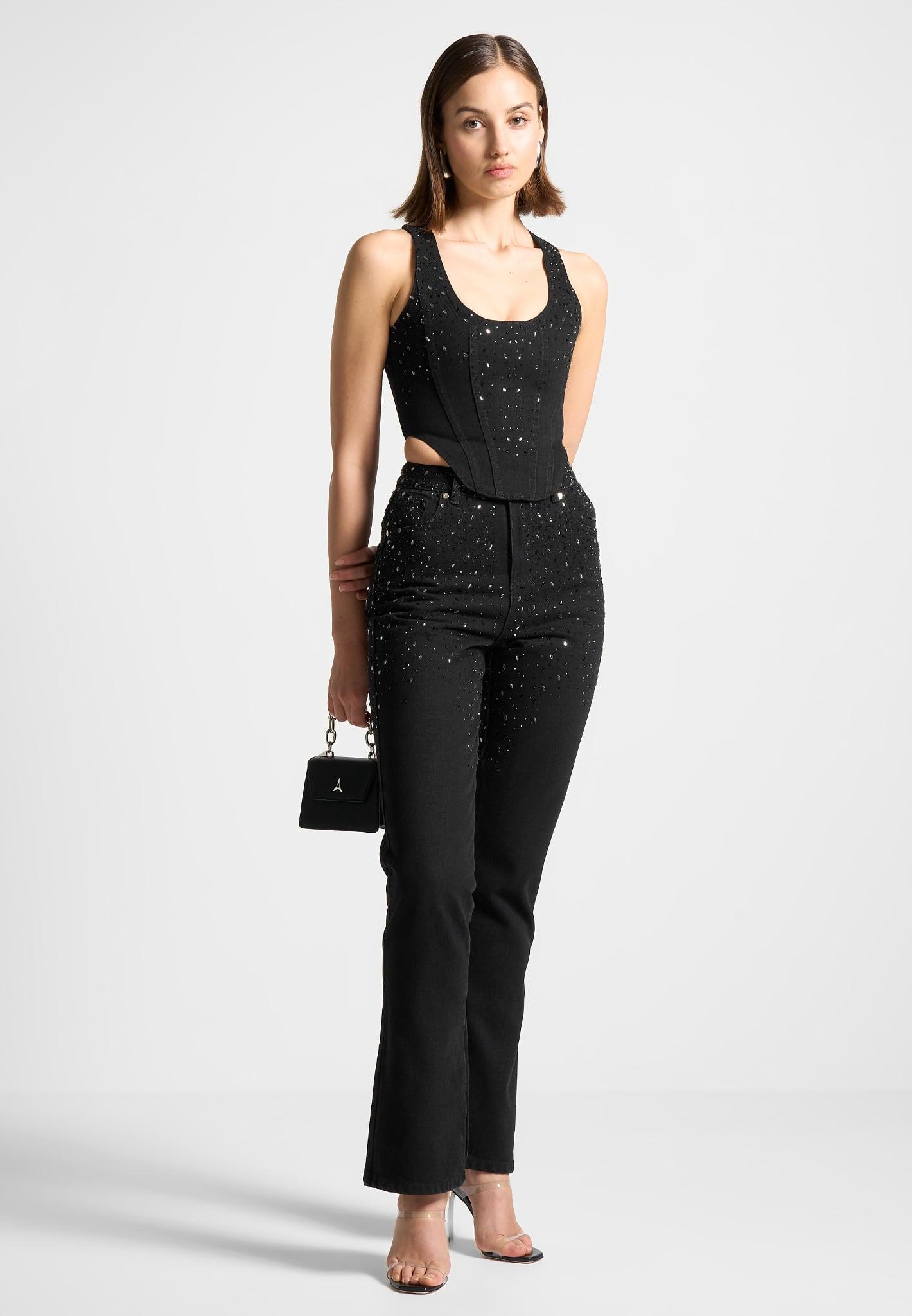 Scattered Rhinestone Denim Corset Top - Black Female Product Image