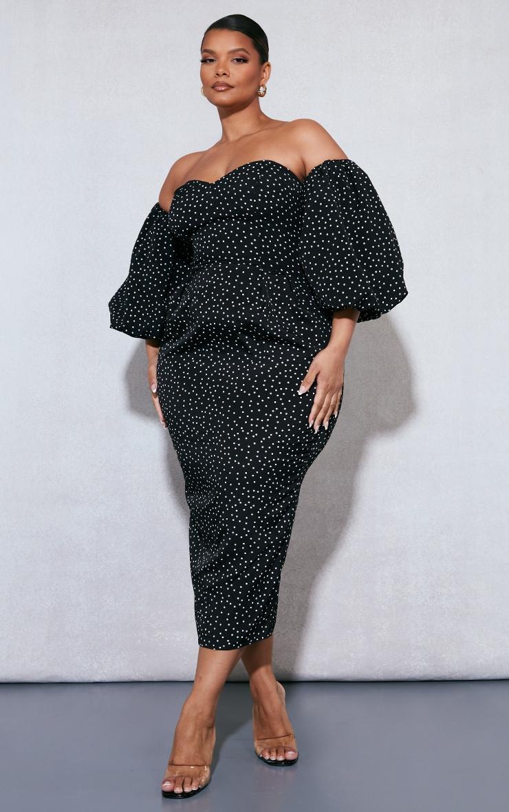 Plus Black Polka Dot Bandeau Puff Sleeve Midi Dress Product Image