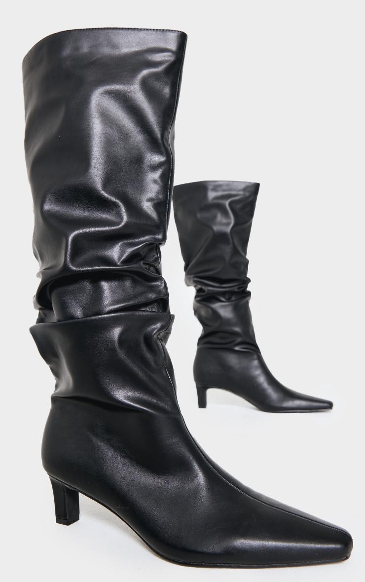 Black PU Slouchy Point Toe Low Stiletto Knee High Heeled Boots Product Image