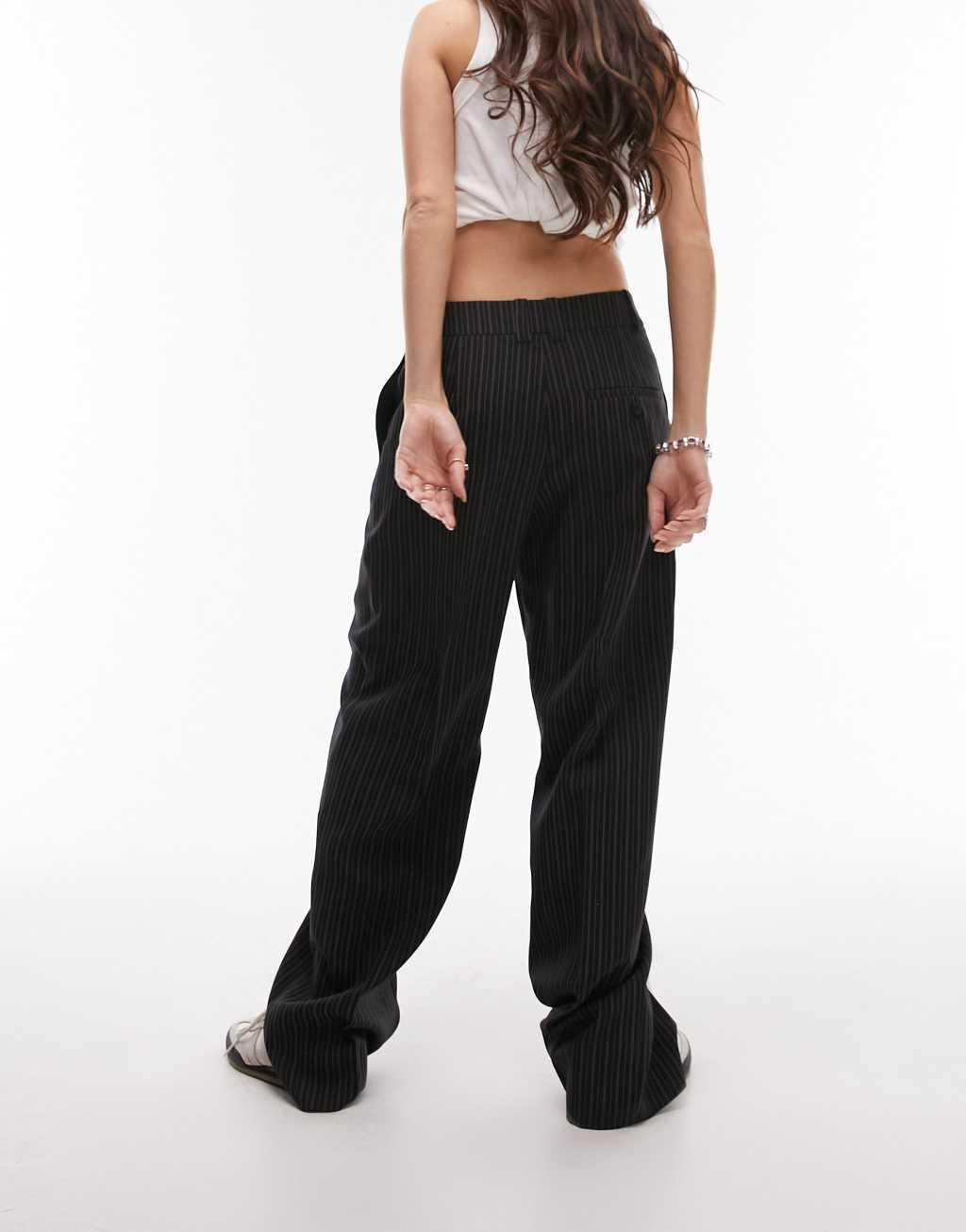 Topshop tailored pinstripe low slung pants in black Product Image