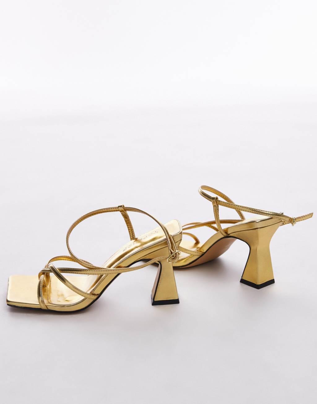 Topshop Gracy strappy block heeled sandals in gold Product Image