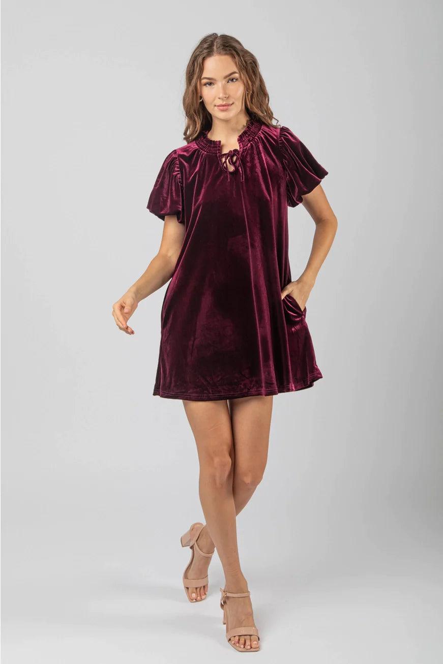 Puff Short Sleeve Velvet Holiday Mini Dress on Female Product Image