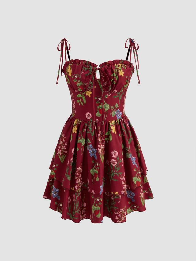 Woven Floral & Fruit Ruffle Hem Knotted Layered Mini Dress Product Image