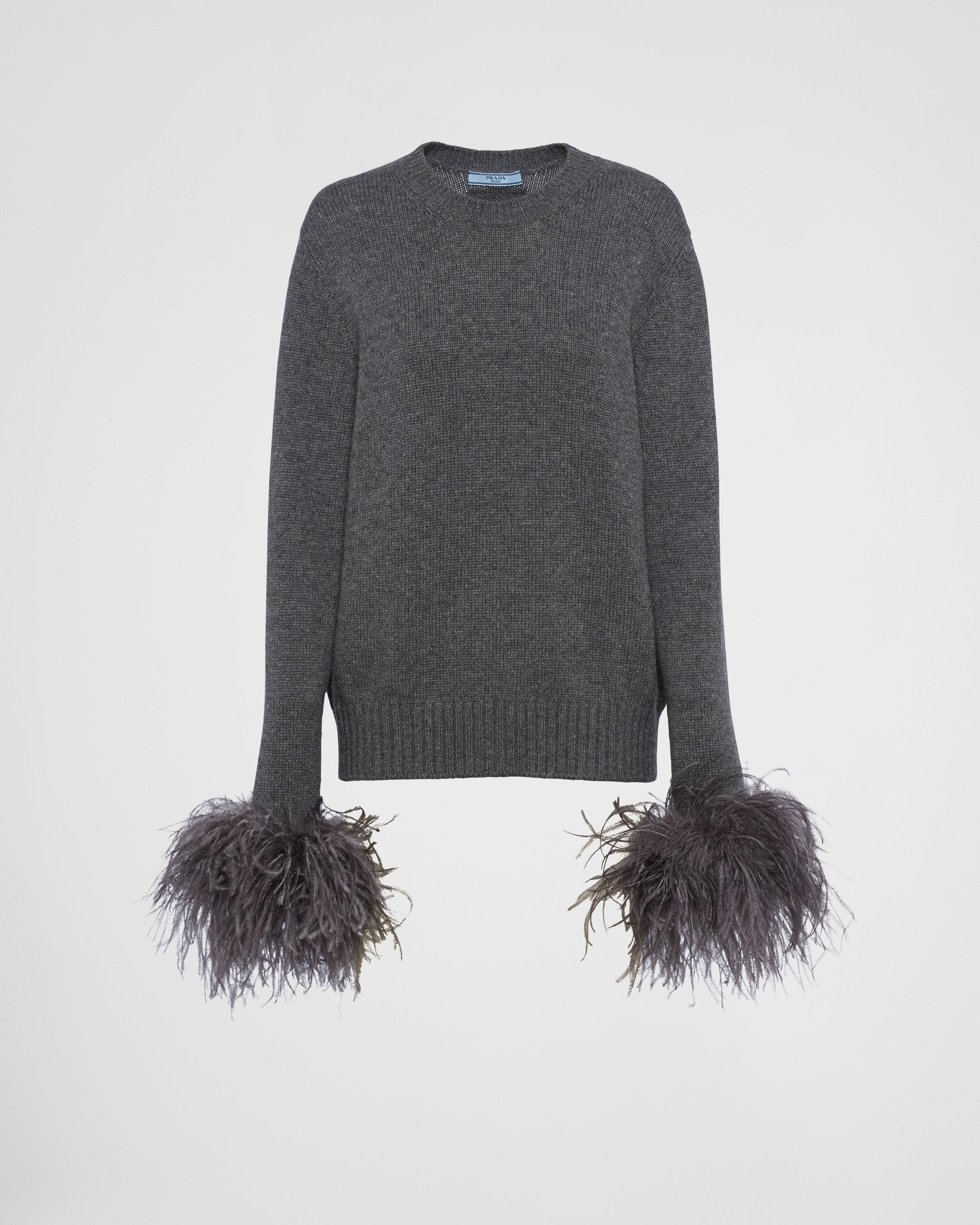 Feather-trimmed cashmere crew-neck sweater Product Image