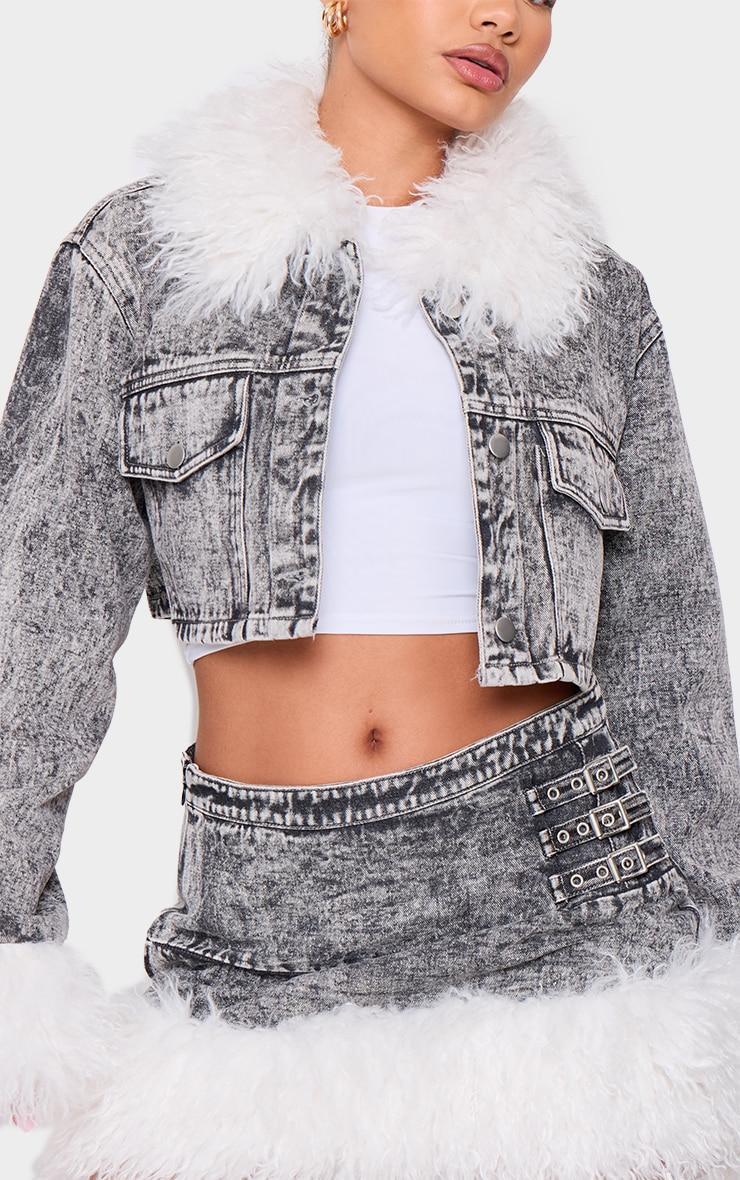 Petite Washed Black Denim Cropped Jacket With Fur Trims Product Image