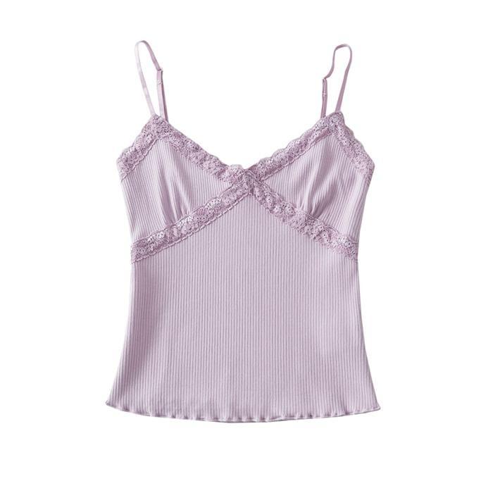 V-Neck Plain Lace Trim Crop Camisole Top Product Image