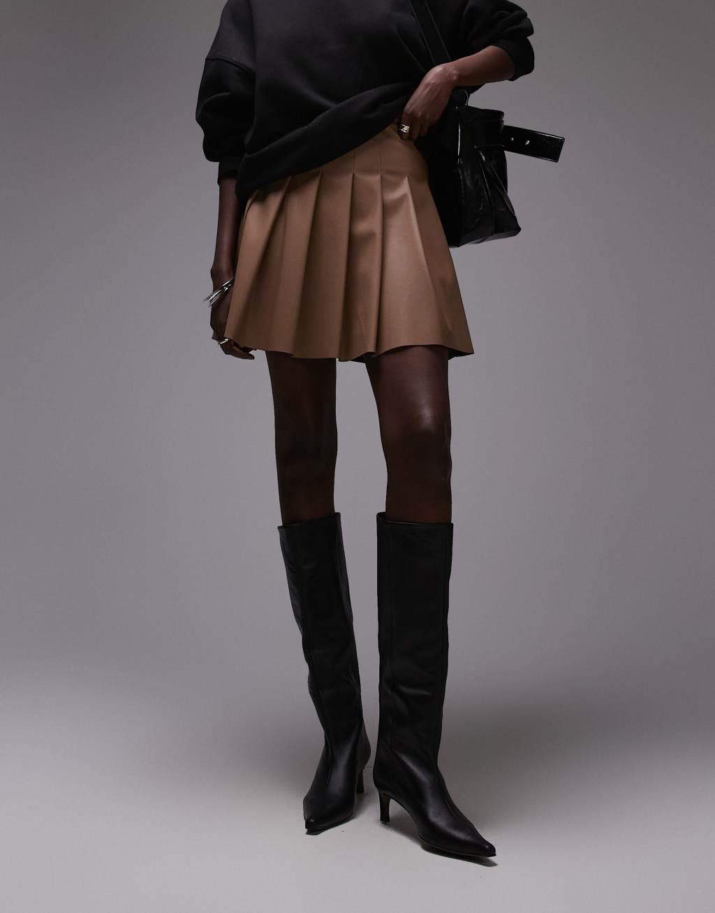 Topshop Tall faux leather clean pleat mini skirt in coffee Product Image