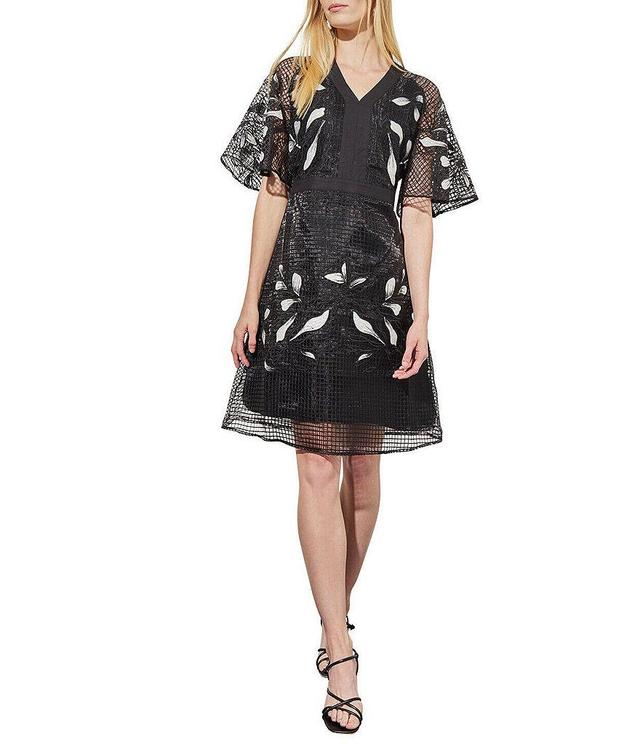 Ming Wang Novelty Woven V-Neck Short Bell Sleeve Floral Applique Dress Product Image