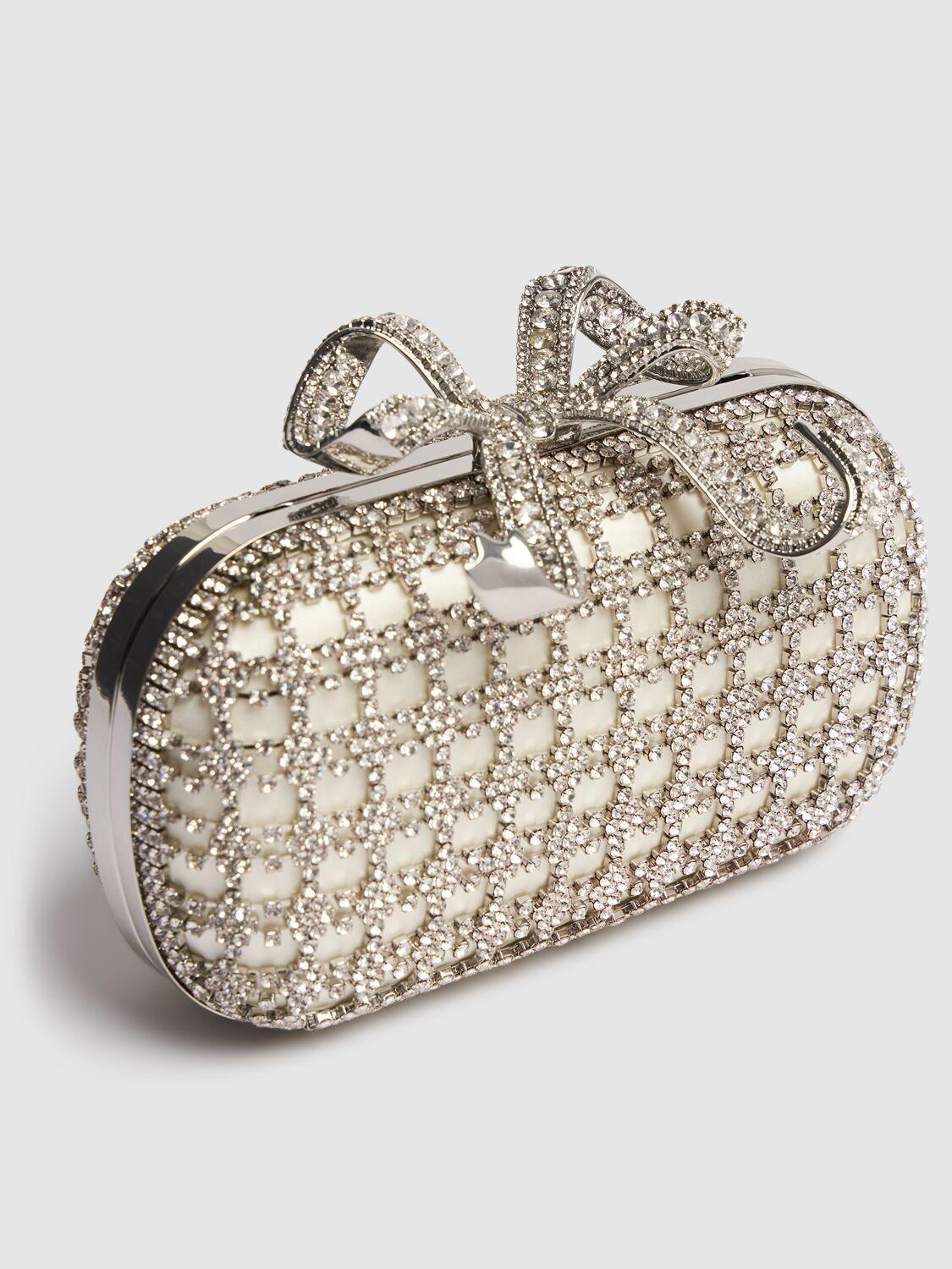 Bow Crystal-embellished Satin Box Clutch In Cream Product Image