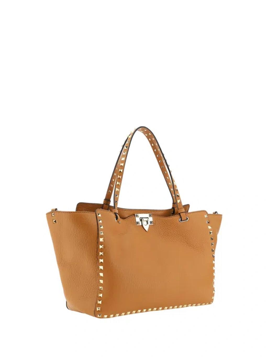 VALENTINO GARAVANI Camel Leather Medium Rockstud Shoulder Bag In Almond Beige Product Image