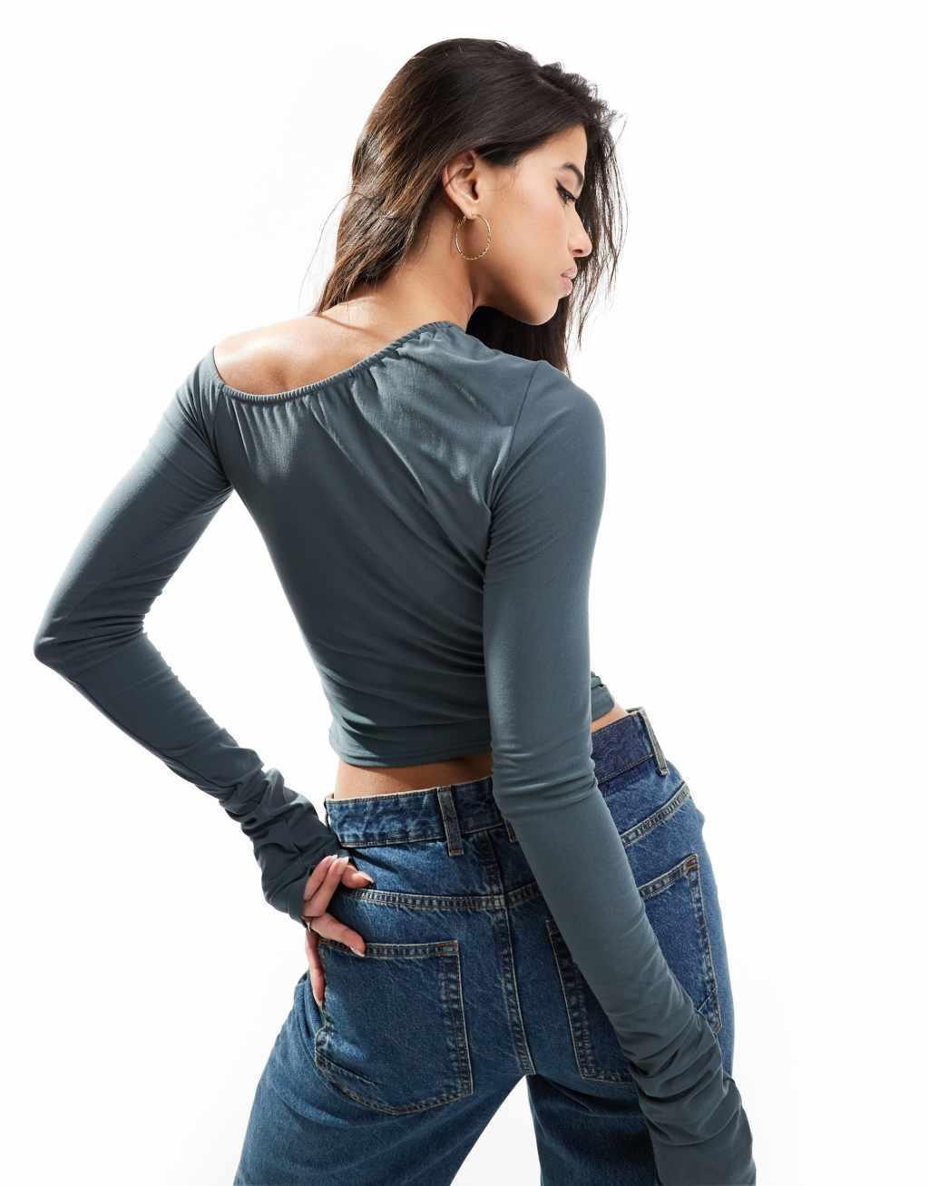 Fashionkilla super-soft off shoulder ruched long sleeve top in charcoal Product Image