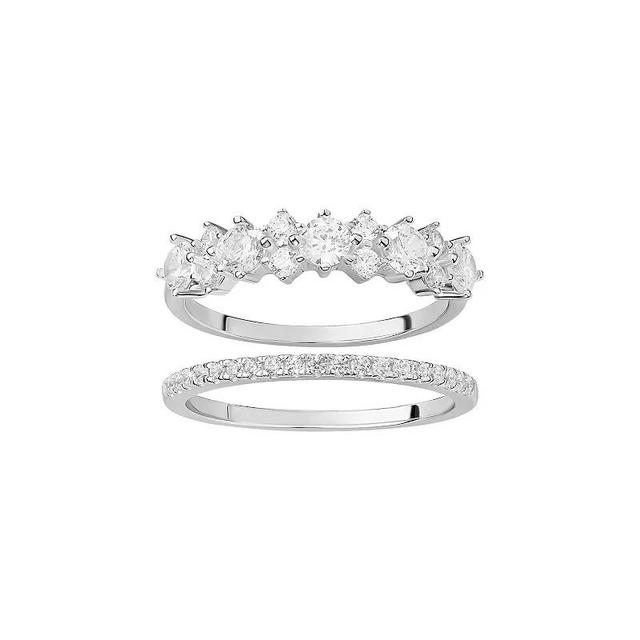 PRIMROSE Fine Silver Plated Cubic Zirconia Graduated Cluster Band Ring Duo Set, Womens Silvertone White Product Image