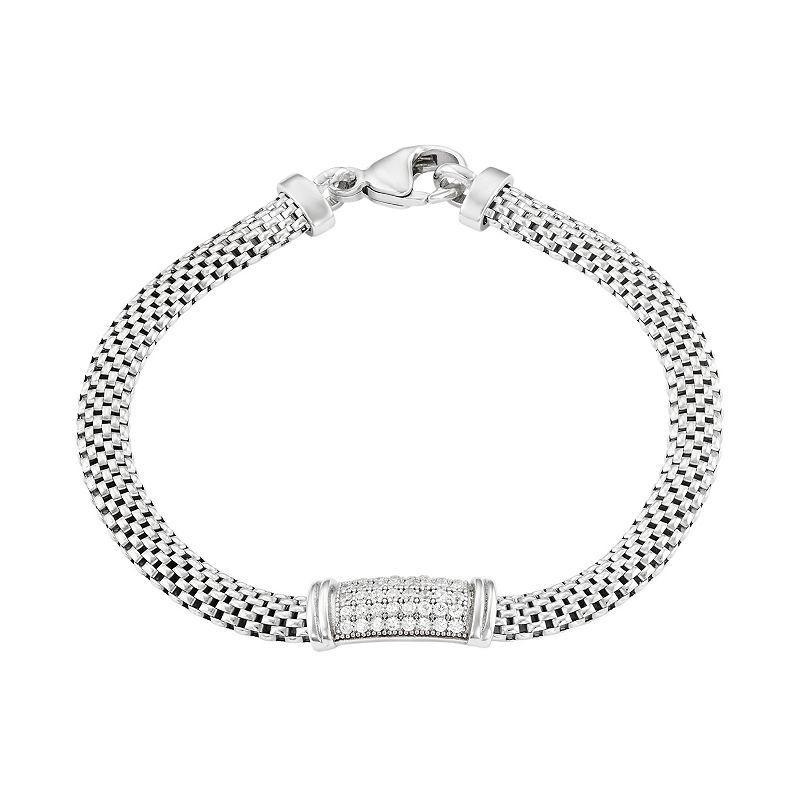 Cubic Zirconia Sterling Silver Mesh Bracelet, Womens White Product Image