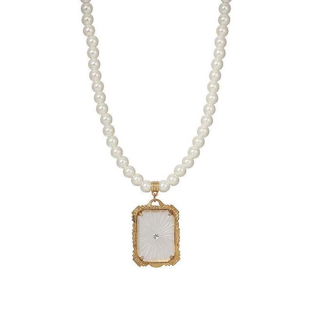 1928 Gold Tone Simulated Pearl & Crystal Frosted Glass Square Pendant Necklace, Womens, White Product Image