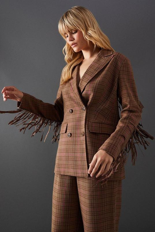 Premium Oversized Heritage Check Fringed Blazer Product Image