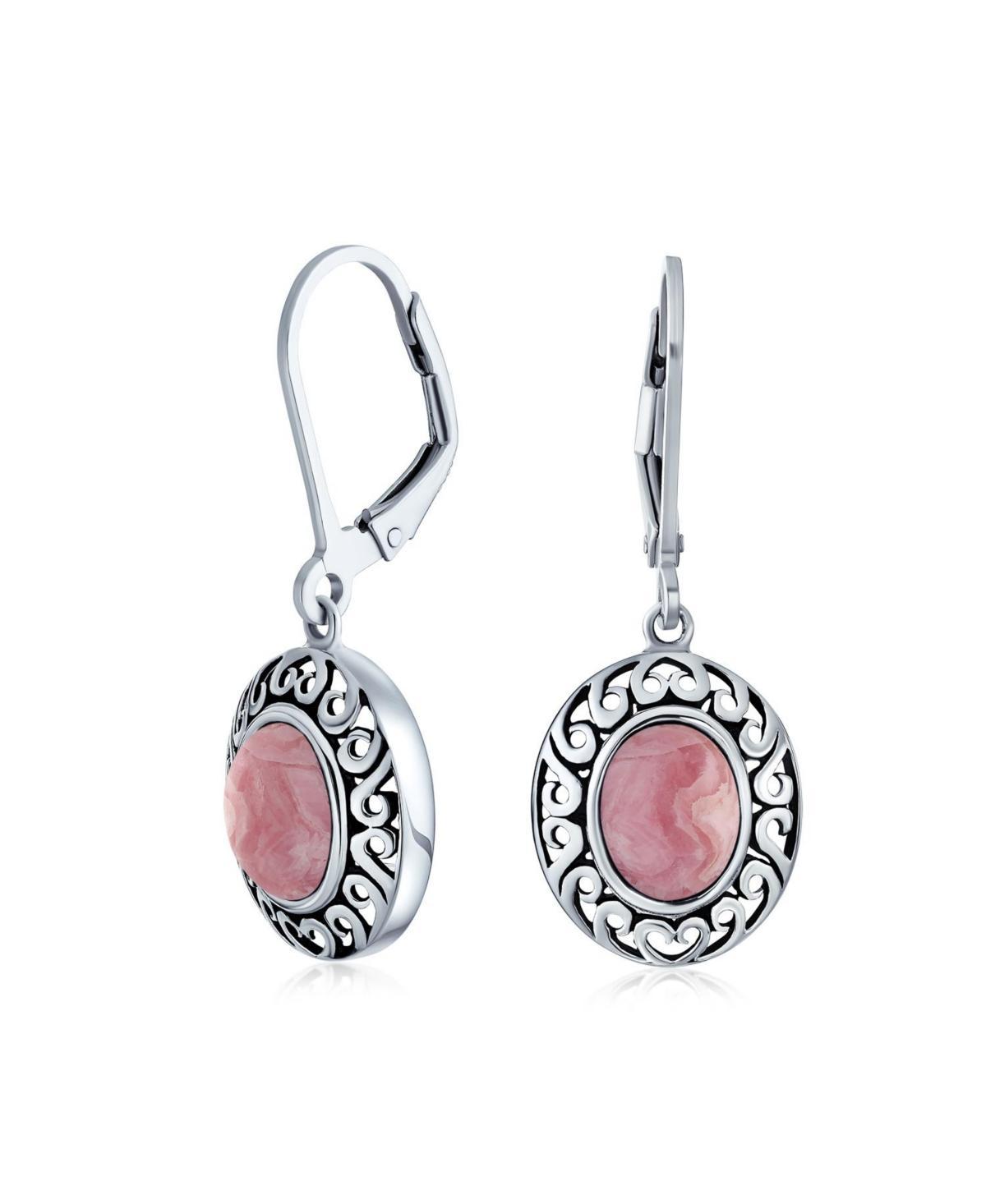 Bling Jewelry 3Ct Pink Natural Rhodochrosite Dome Oval Western Style Bezel Set Lever Back Dangle Earrings For Women Sterling Silver - Pink rhodochrosi Product Image