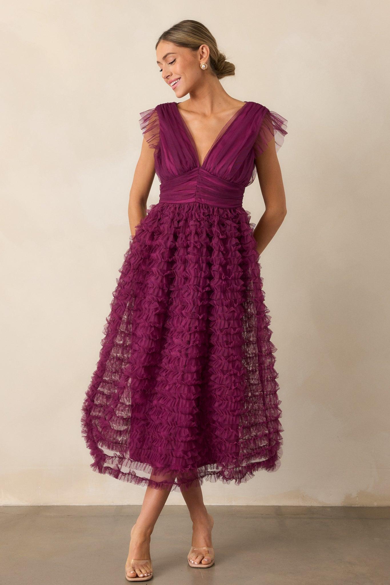 Fearless Hearts Plum Ruffle Midi Dress Product Image