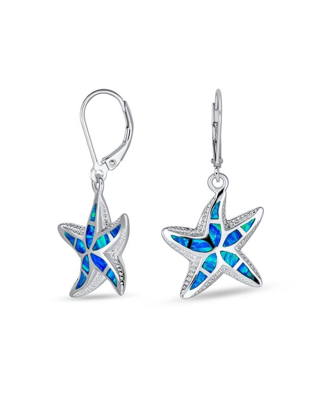 Bling Jewelry Iridescent Created Opal Inlay Nautical Vacation Honeymoon Ocean Marine Life Starfish Dangle Drop Lever back Earrings For Women .925 Product Image