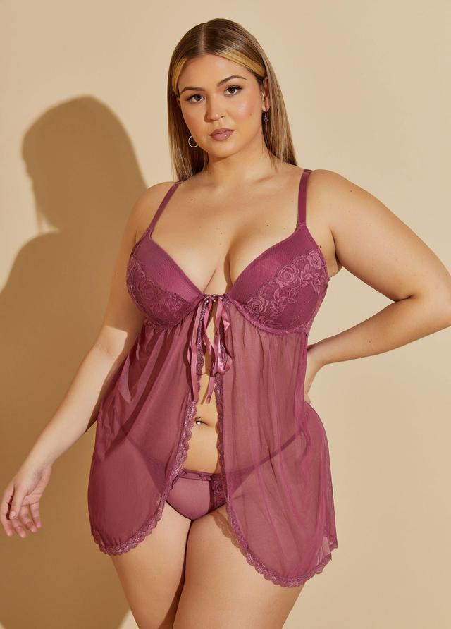 Plus Size Lace Trimmed Mesh Babydoll Set Ashley Stewart Product Image