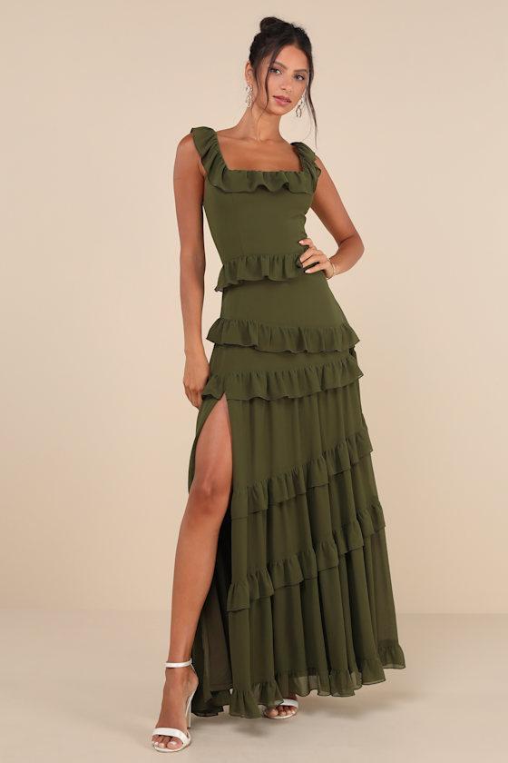 Compelling Romantic Olive Green Ruffled Tiered Maxi Dress product image