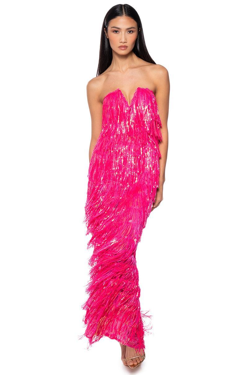 TOP OF THE WORLD STRAPLESS SEQUIN FRINGE MAXI DRESS IN FUCHSIA Product Image