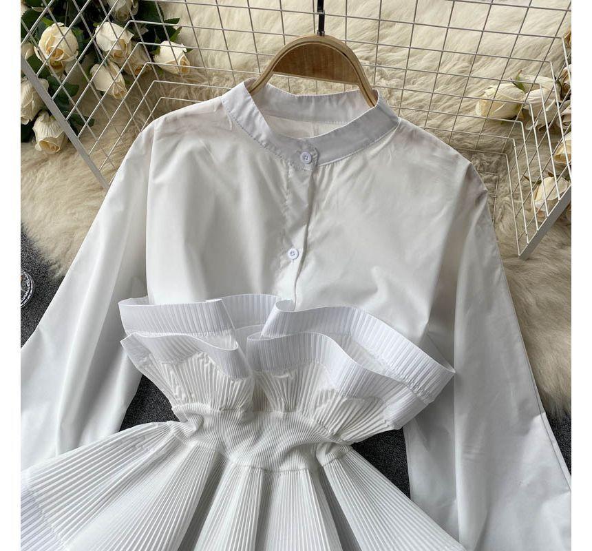 Long-Sleeve Plain Ruffle Trim Peplum Blouse Product Image