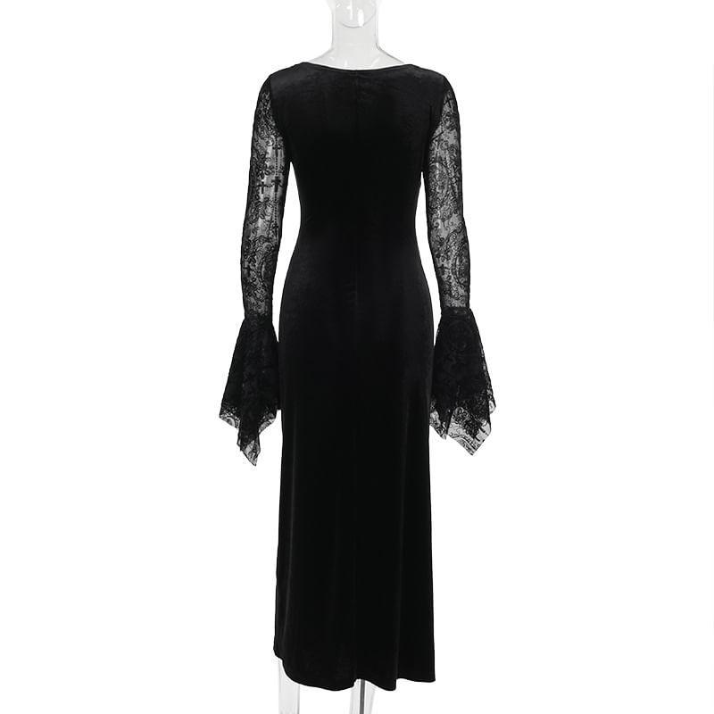 Long-Sleeve Square Neck Lace Panel Maxi A-Line Dress Product Image