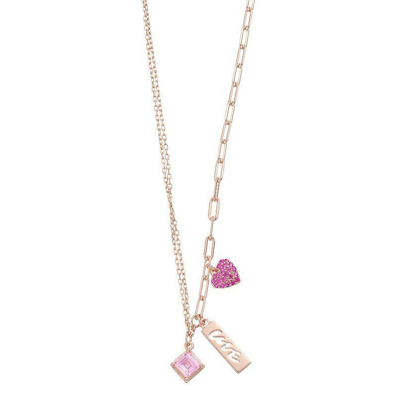 18k Rose Gold Over Silver Pink Cubic Zirconia Love Charm Necklace, Womens Pink Tone Product Image