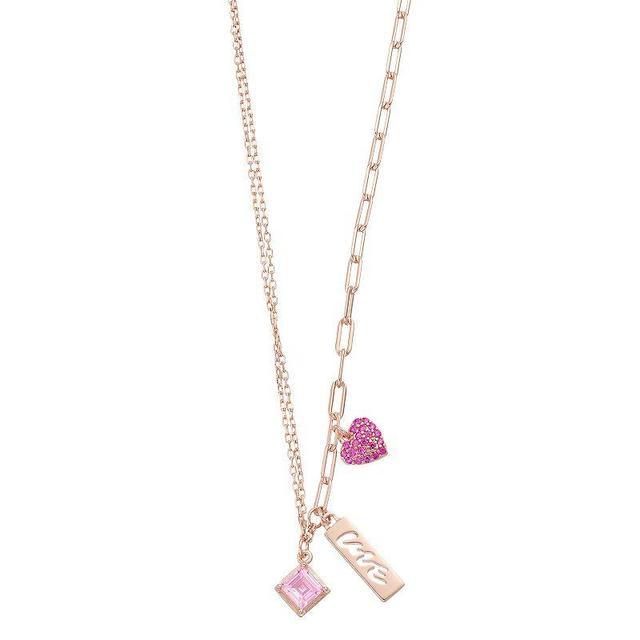 18k Rose Gold Over Silver Pink Cubic Zirconia Love Charm Necklace, Womens Pink Tone Product Image