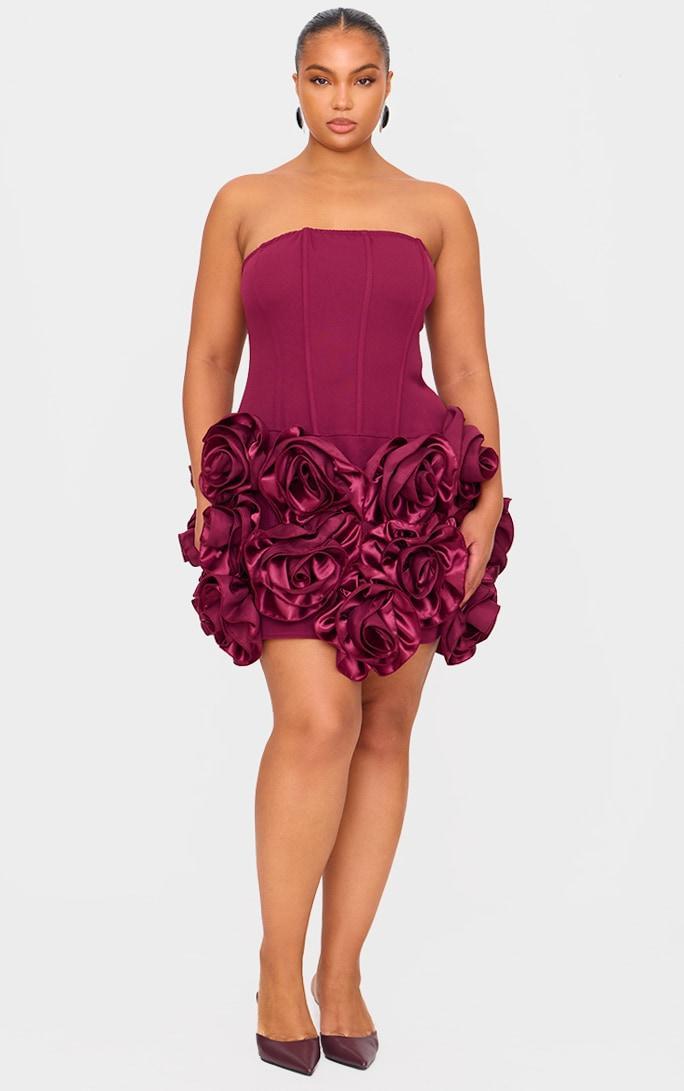 Plus Burgundy Boned Corset Flower Detail Bodycon Dress Product Image