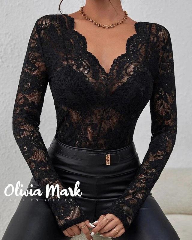 Olivia Mark – Crochet Lace Scallop Trim Long Sleeve Bodycon Top Product Image