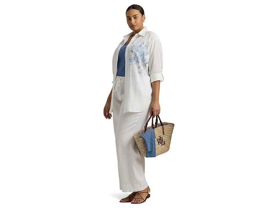 LAUREN Ralph Lauren Plus-Size Oversize Floral Eyelet-Logo Linen Shirt Women's Clothing Product Image