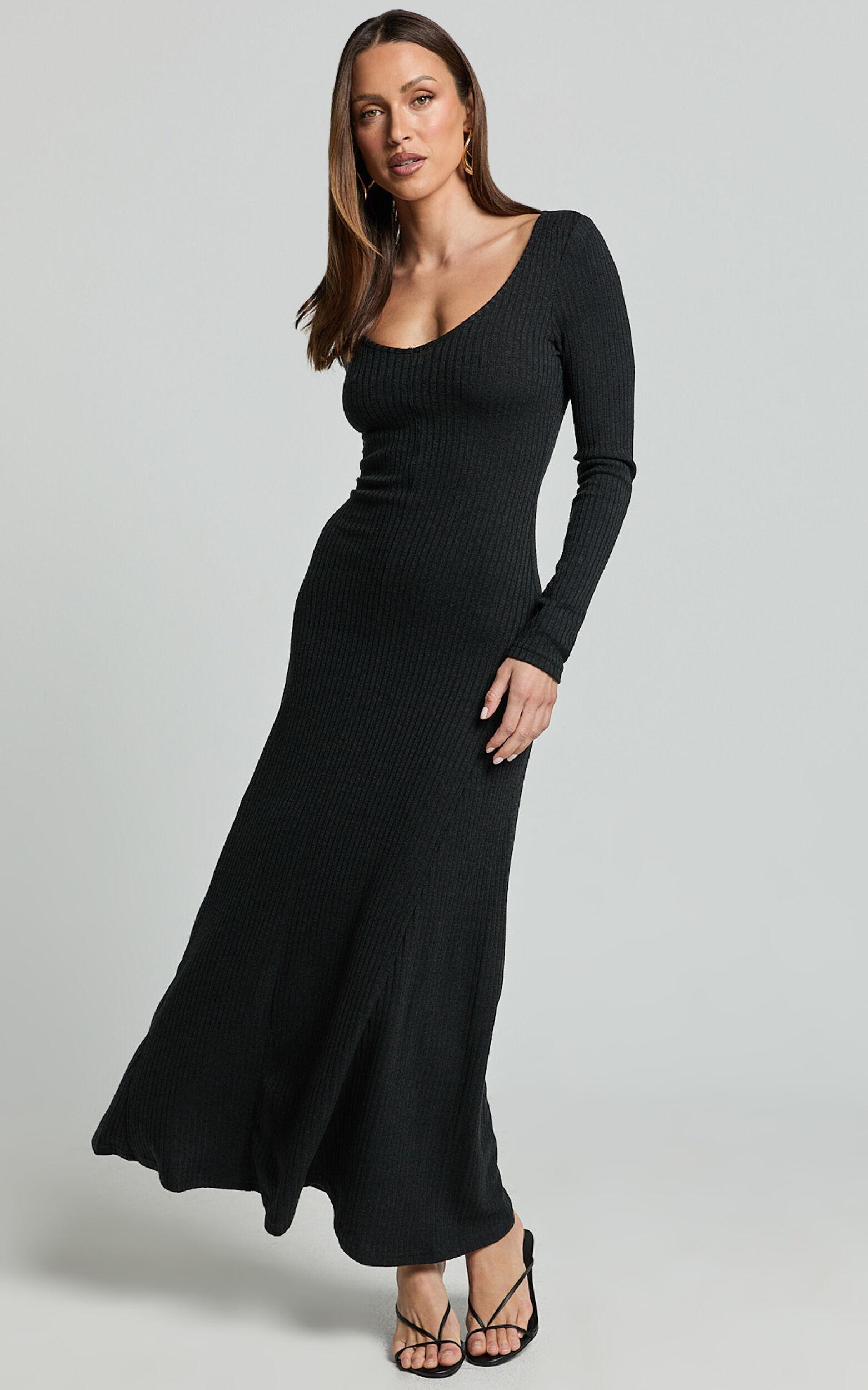 Lydia Midi Dress - V Neck Long Sleeve Knitted Dress in Black Product Image