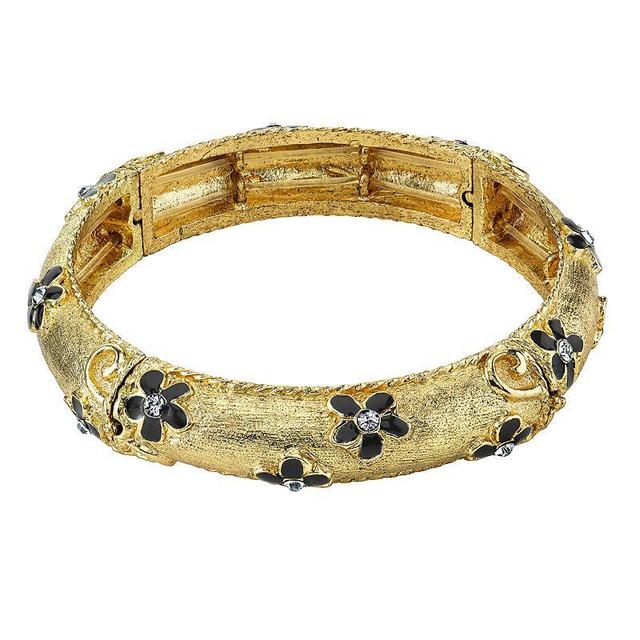 1928 Gold Tone Flower & Crystal Accent Stretch Bracelet, Womens, Black Product Image