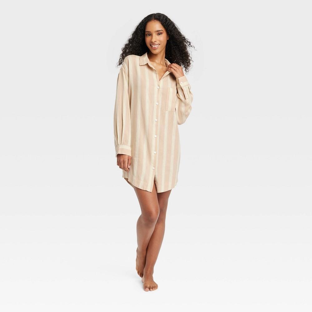 Womens Striped Linen Blend Sleep Shirtdress - Stars Above Tan M Product Image