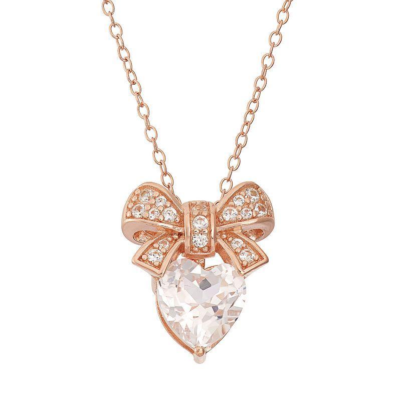 Lab-Created White Sapphire 18k Rose Gold Over Silver Bow & Heart Pendant Necklace, Womens Product Image