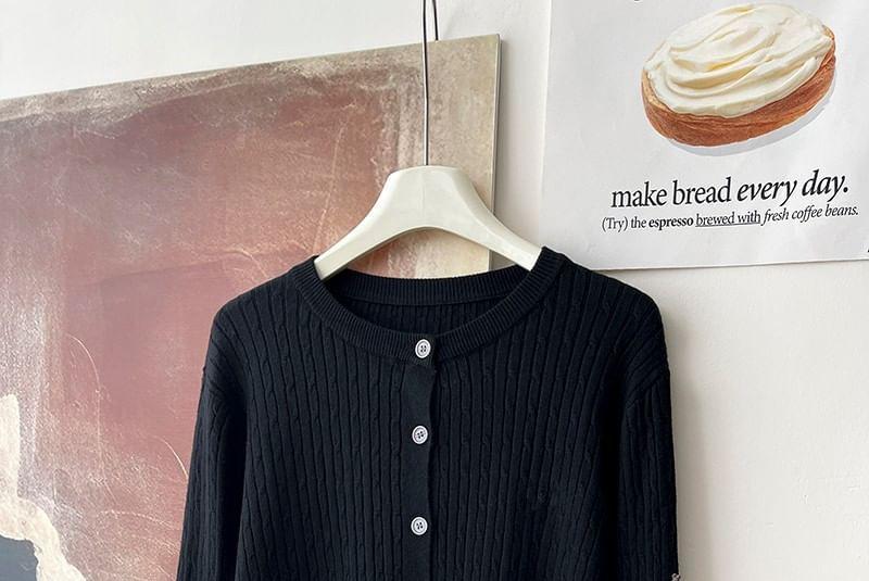 Round Neck Plain Cable Knitted Cardigan Product Image