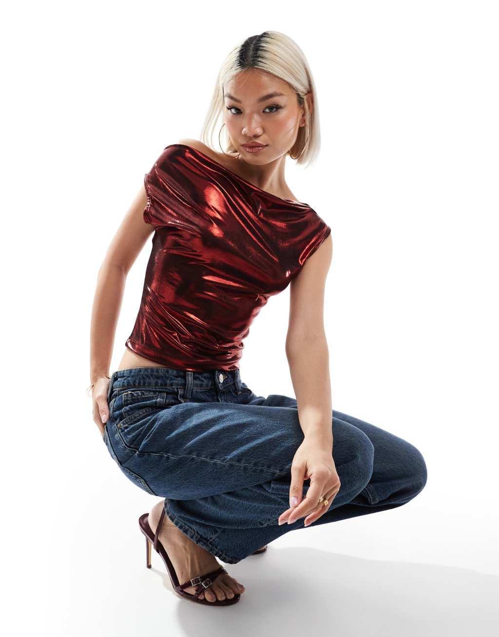 ASOS DESIGN foil cowl neck top in red Product Image