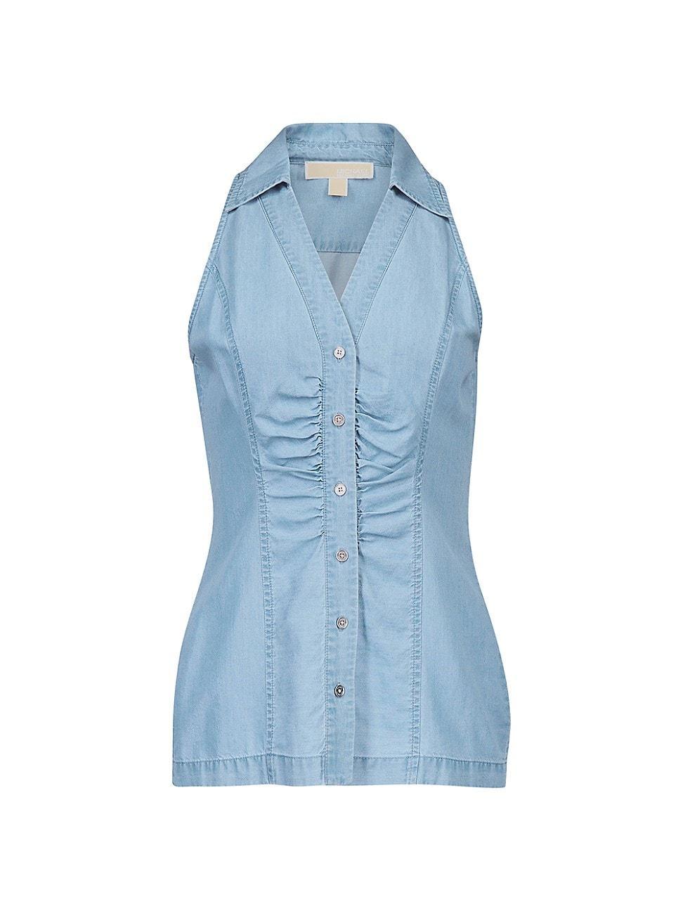 Womens Sleeveless Ruched Chambray Button-Front Top Product Image