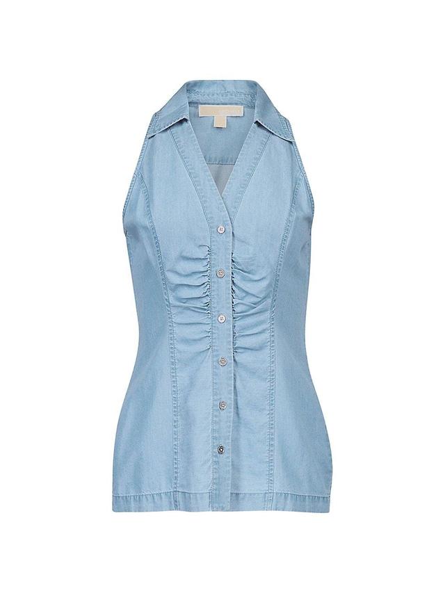 Womens Sleeveless Ruched Chambray Button-Front Top Product Image