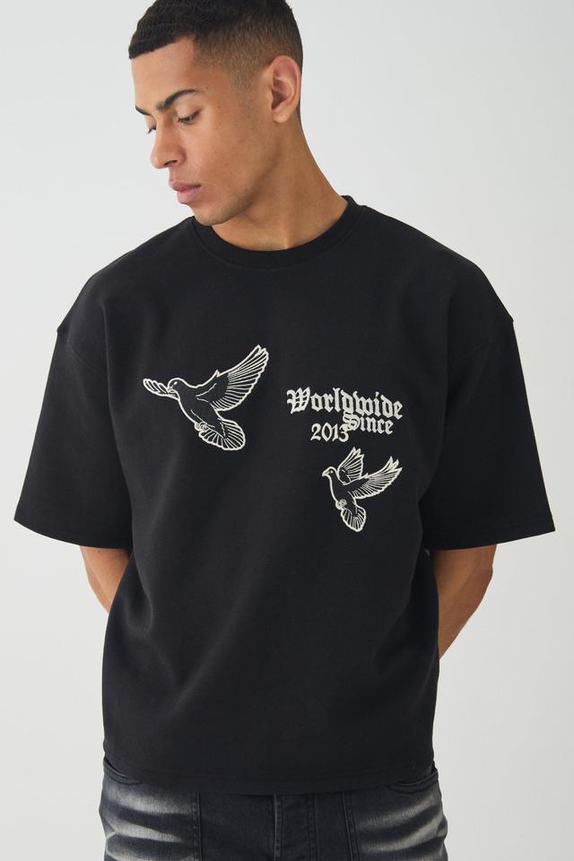 Smart Oversized Boxy Super Heavyweight Embroidered Interlock T-shirt | boohooMAN USA Product Image