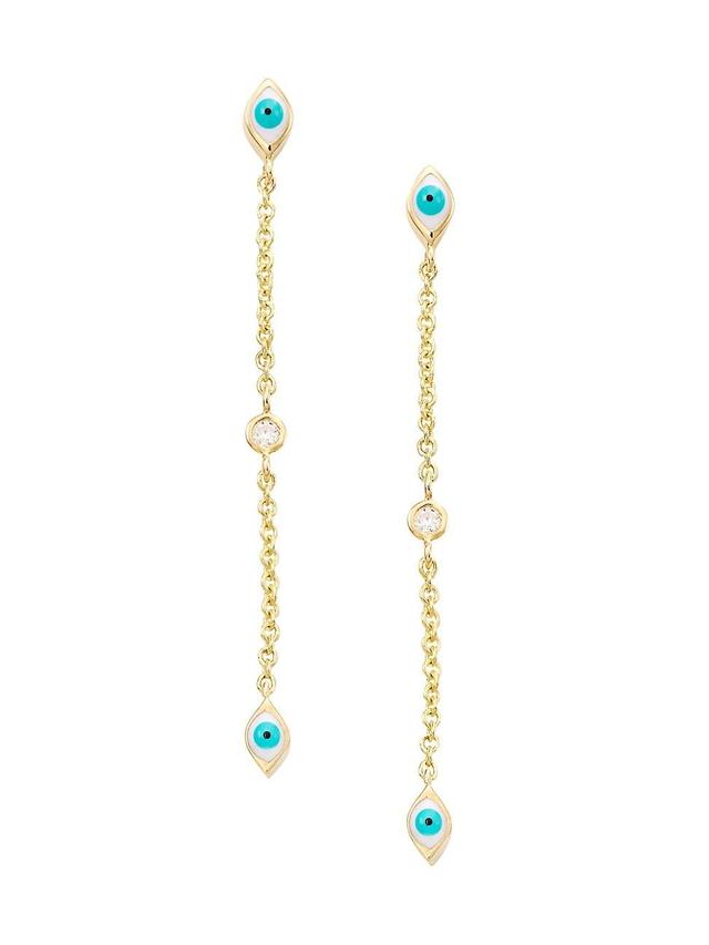 Womens 14K Yellow Gold, Enamel, & Diamond Evil-Eye Chain Drop Earrings Product Image