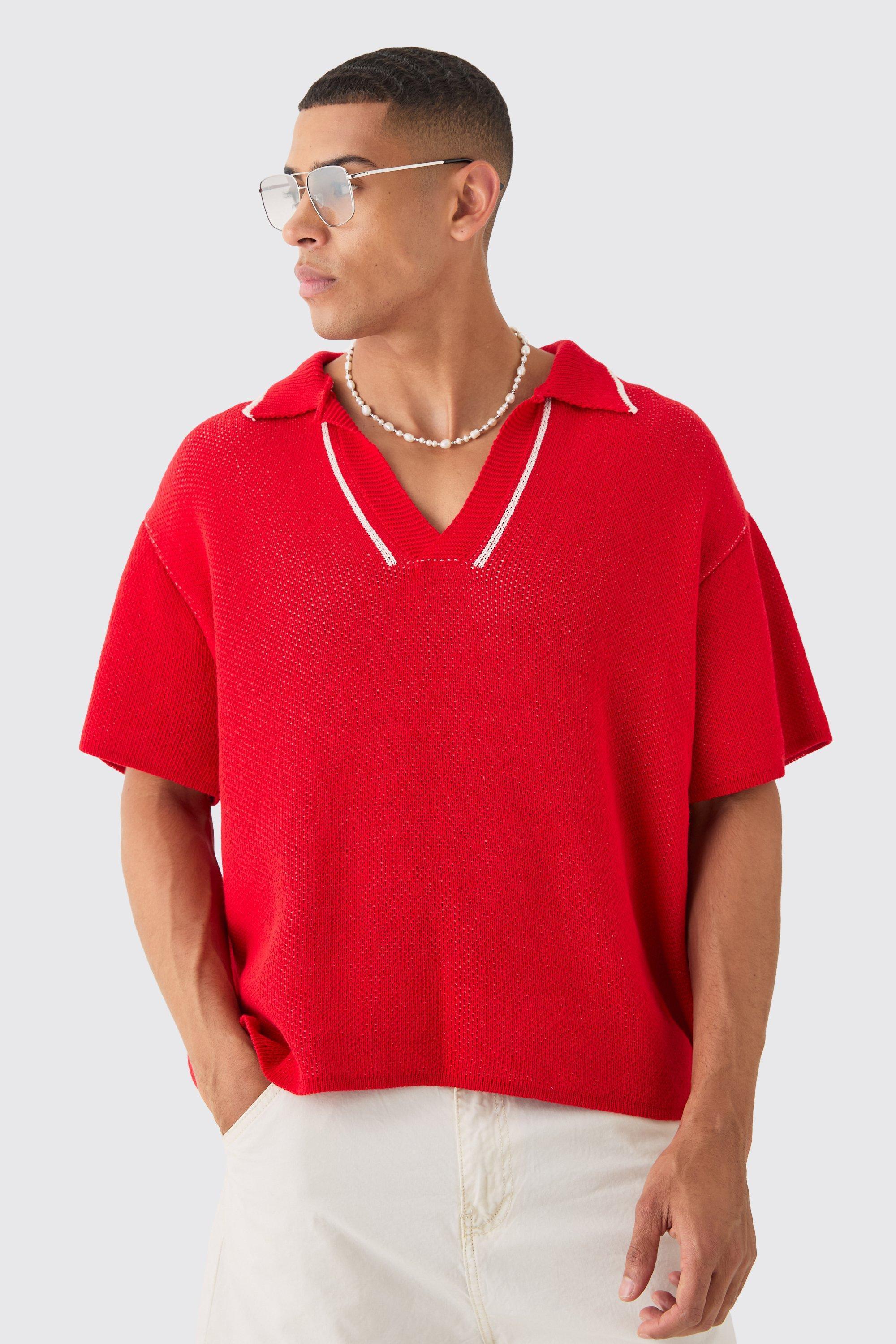 Regular Fit V Neck Knitted Polo With Tipping | boohooMAN USA Product Image