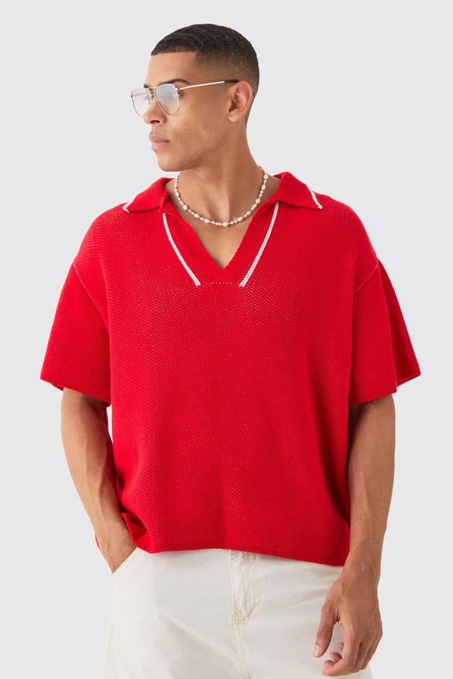 Regular Fit V Neck Knitted Polo With Tipping | boohooMAN USA Product Image